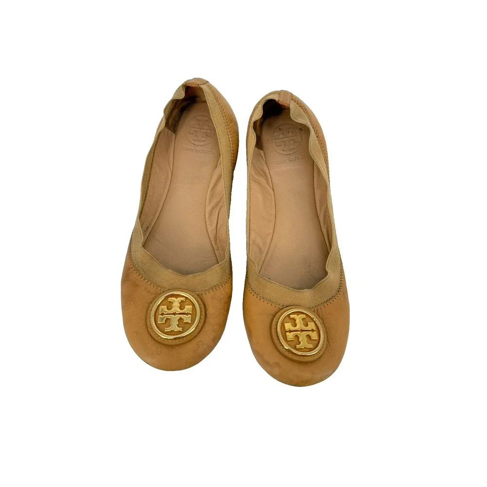 Tory Burch Reva Ballet Flats Size 7.5M Tan Leather Gold Logo Classic Preppy Chic
